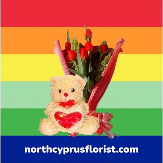 Bouquet of 7 Red Roses and Teddy Bear