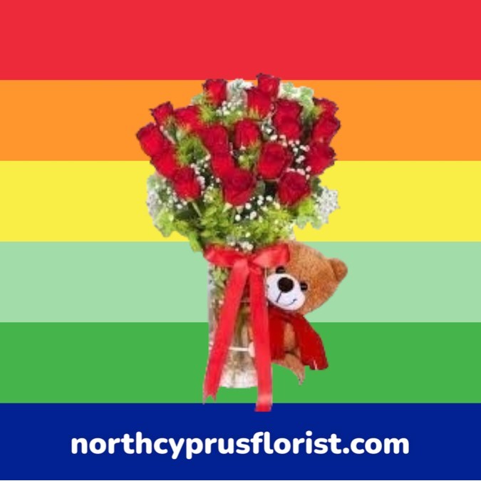19 Red Roses And Teddy Bears In Vase
