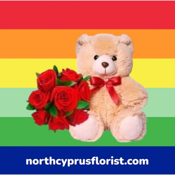 8 Red Roses Bouquet and Teddy Bear