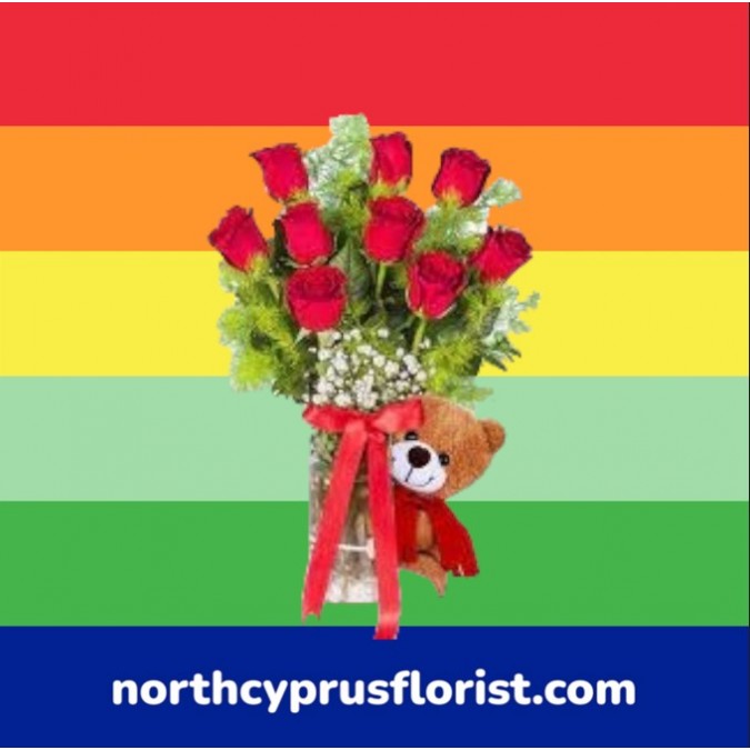 9 Red Roses And Teddy Bears In Vase