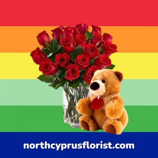 21 Red Roses and Teddy Bears in Vase