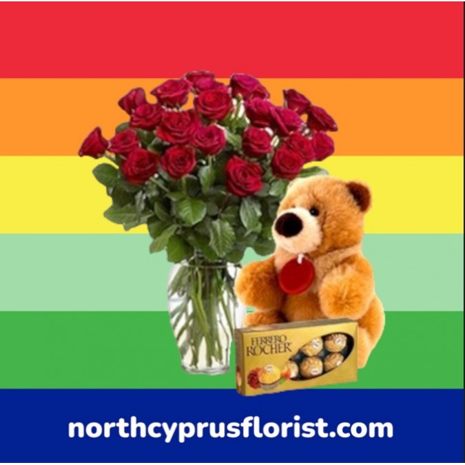 21 Red Roses Chocolate and Teddy Bear in Vase