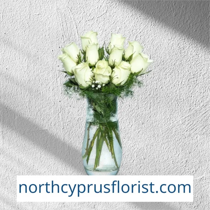 11 White Roses in Vase