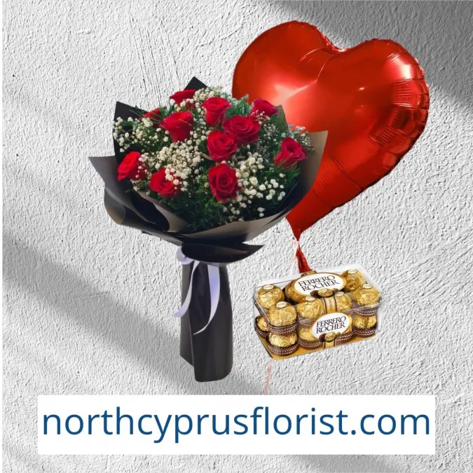 Bouquet of 11 Red Roses Chocolate and Balloon