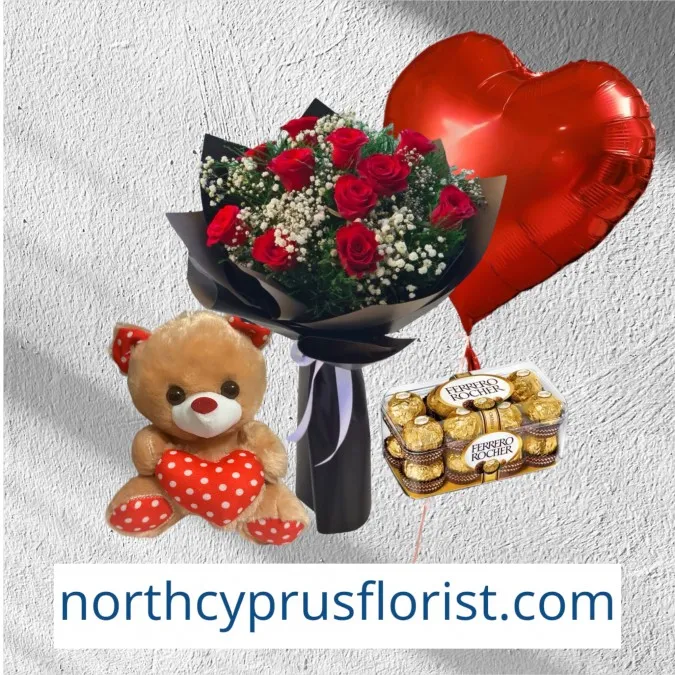 Bouquet of 11 Red Roses Teddy Bear Chocolate and Balloon