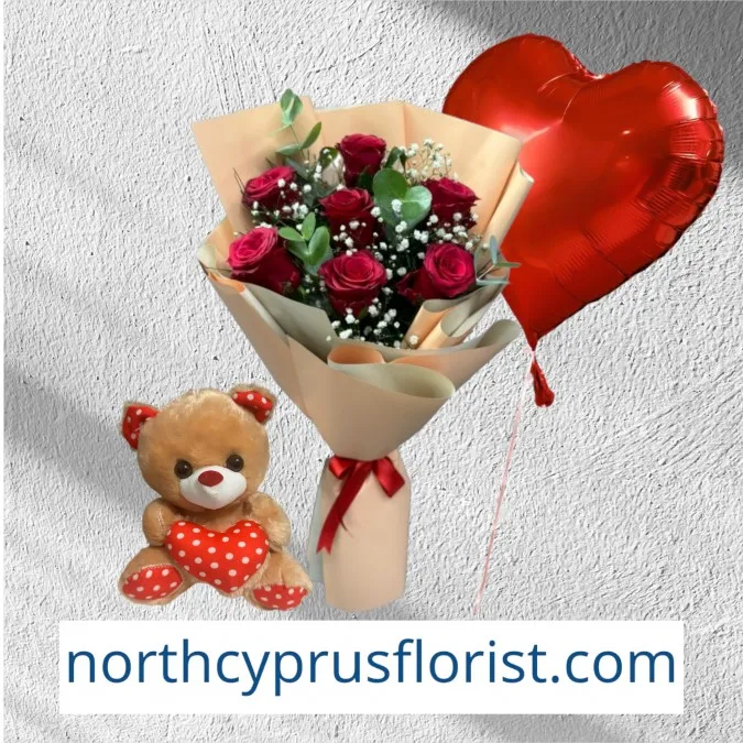 Bouquet of 7 Red Roses Teddy Bear and Balloon